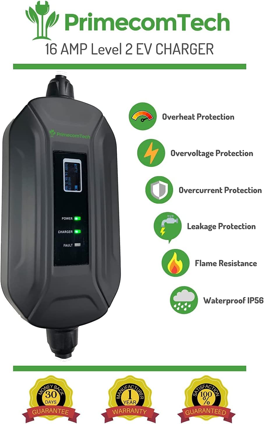 Level 2 Portable Electric Vehicle Charger 220V 240Volt 16Amp 30 Feet L166