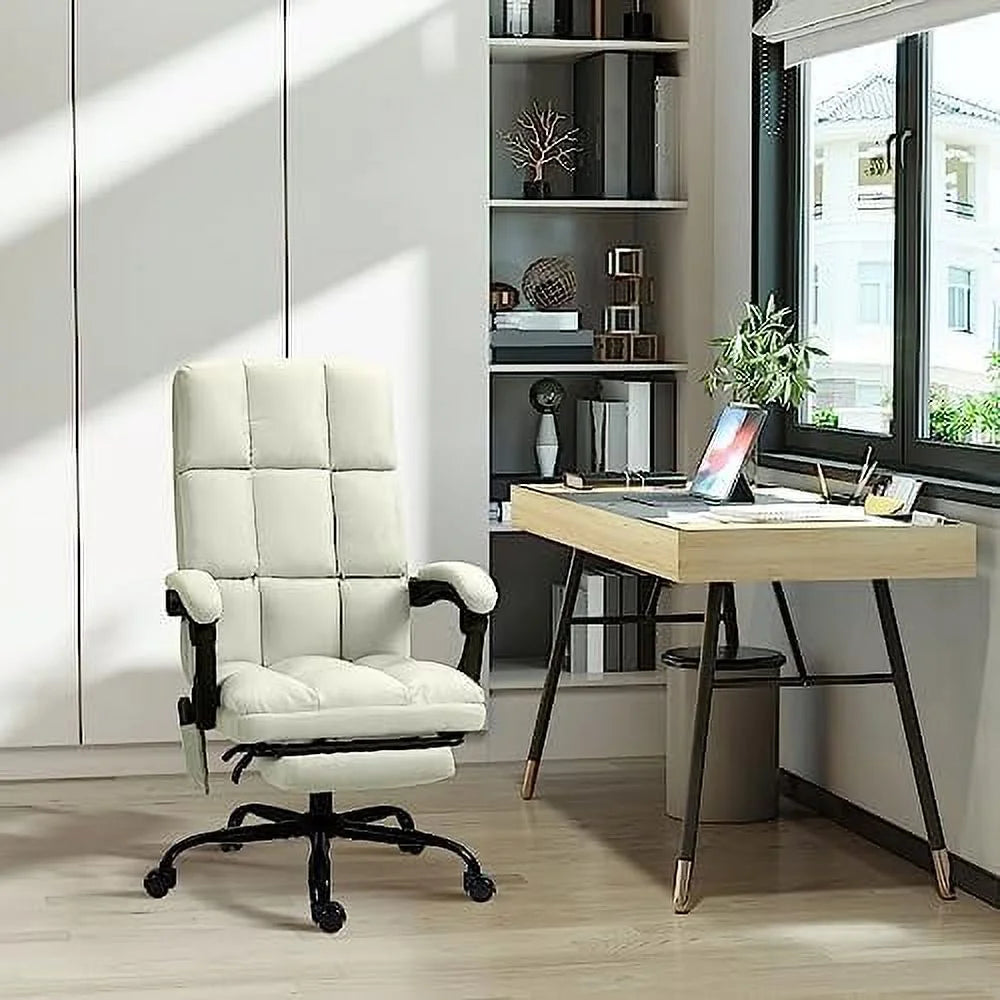 Cream White Massage Office Chair with USB Port and Footrest V507441