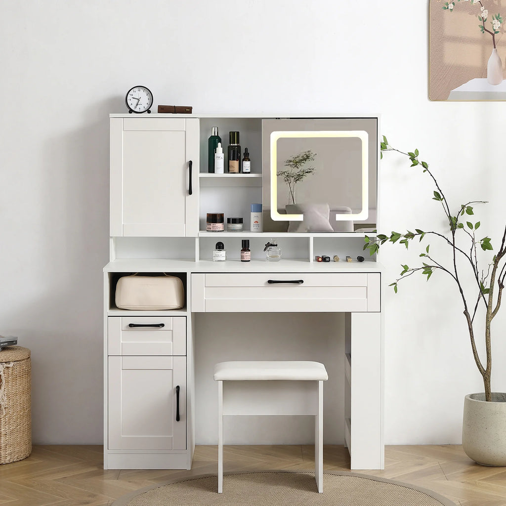 White Vanity Table with Lighted Mirror and Stool L88811