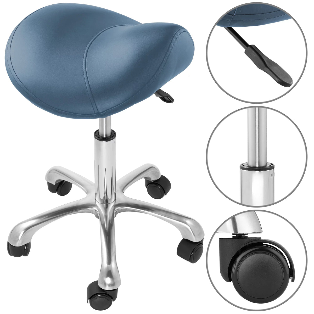 Blue Adjustable Hydraulic Saddle Stool with Swivel Wheels F3556