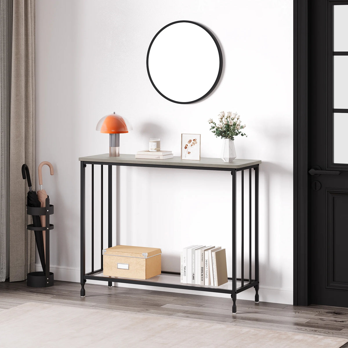 Gray Console Table with Glass Shelf and Metal Frame F373218