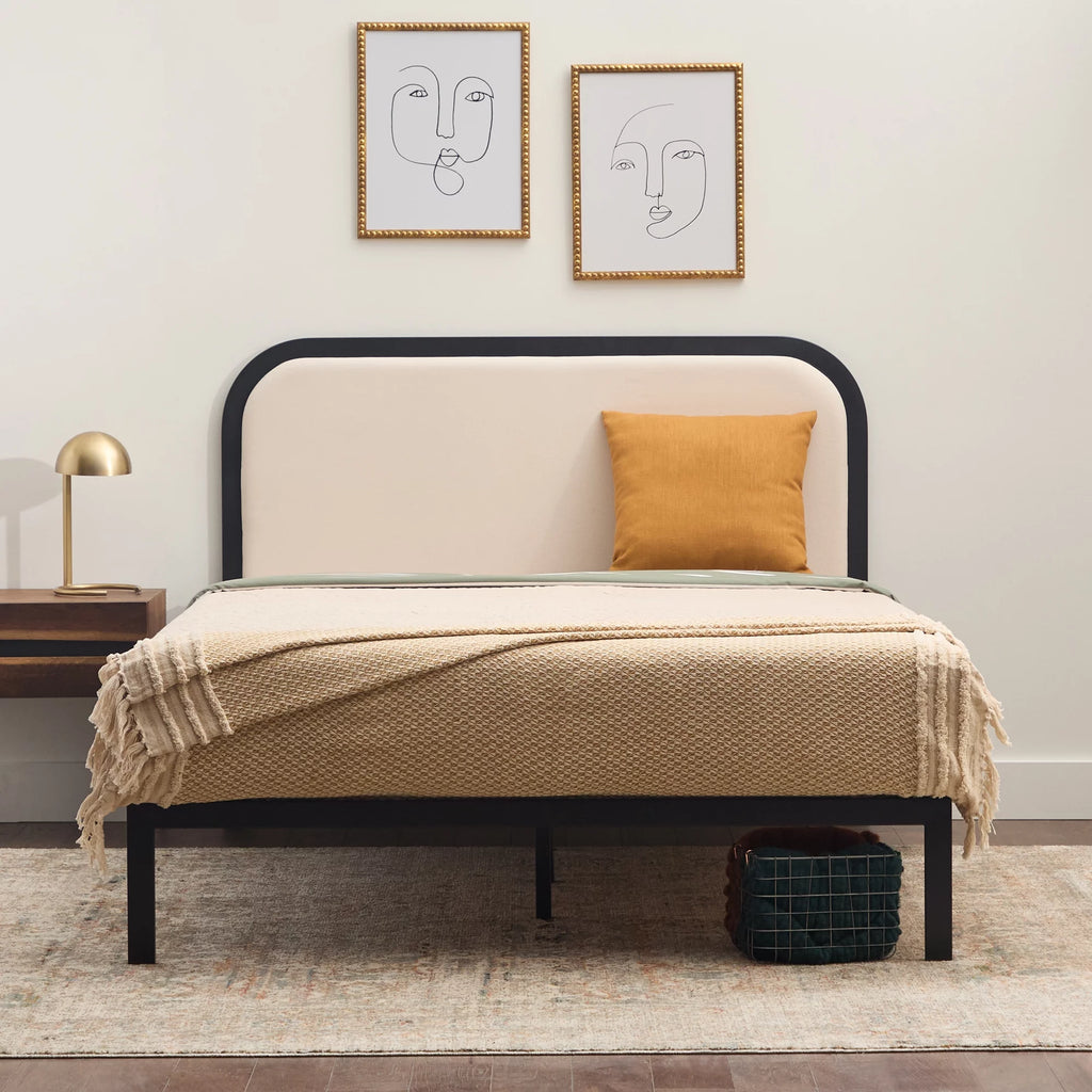 Queen Cream Metal Platform Bed with Upholstered Headboard U19636