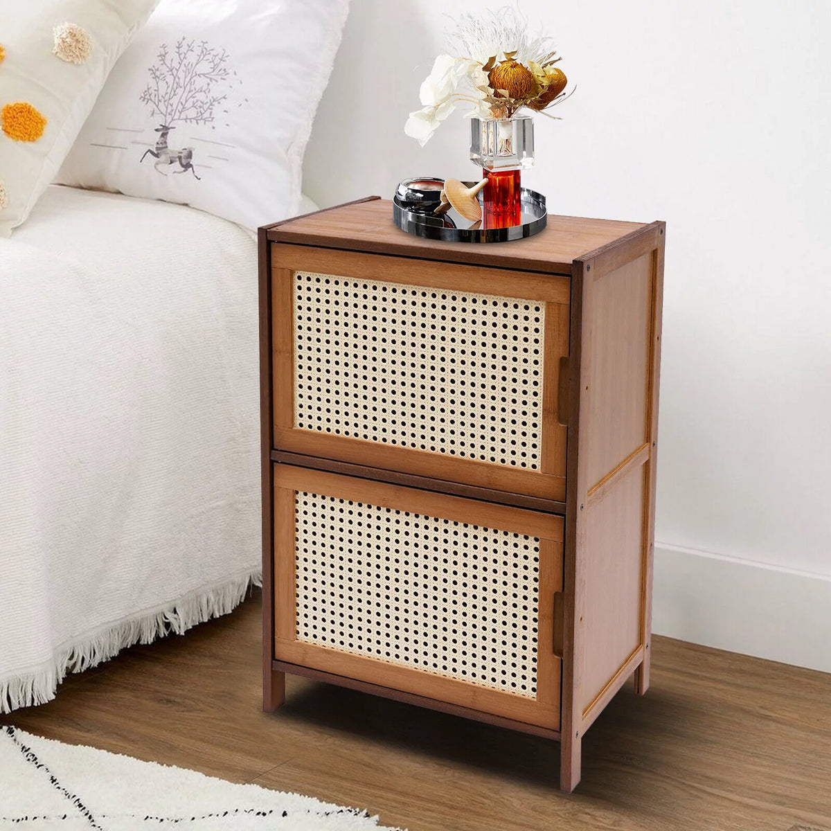 Dark Brown Rattan Nightstand with Door Drawer Y98130