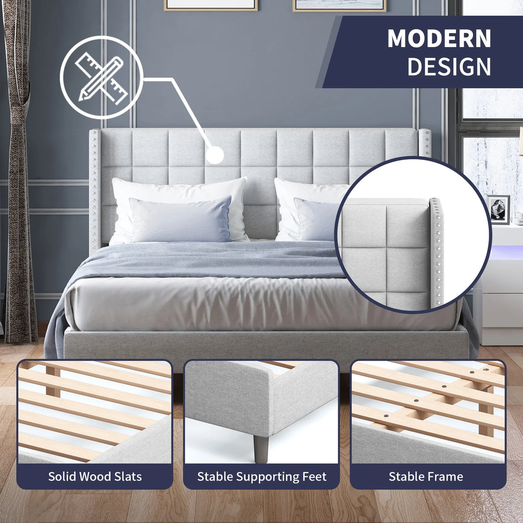 Queen Size Velvet Bed Frame with Wingback Headboard R815