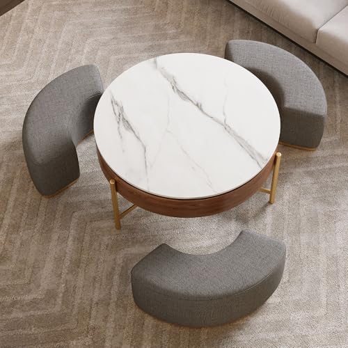 32" Round Lift Top Marble Coffee Table Set with Hidden Storage & Nesting Ottomans H823540