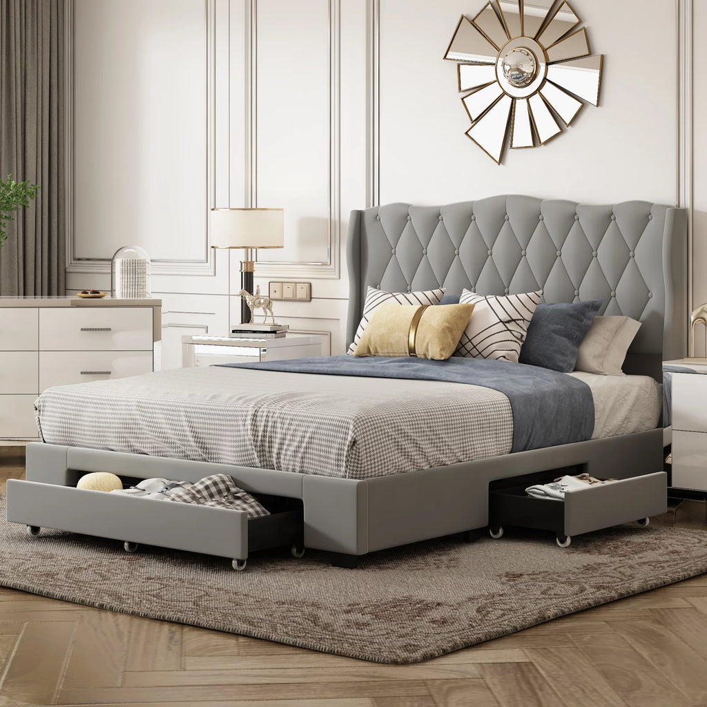 Queen Size Gray Velvet Upholstered Platform Bed with 3 Drawers R337254