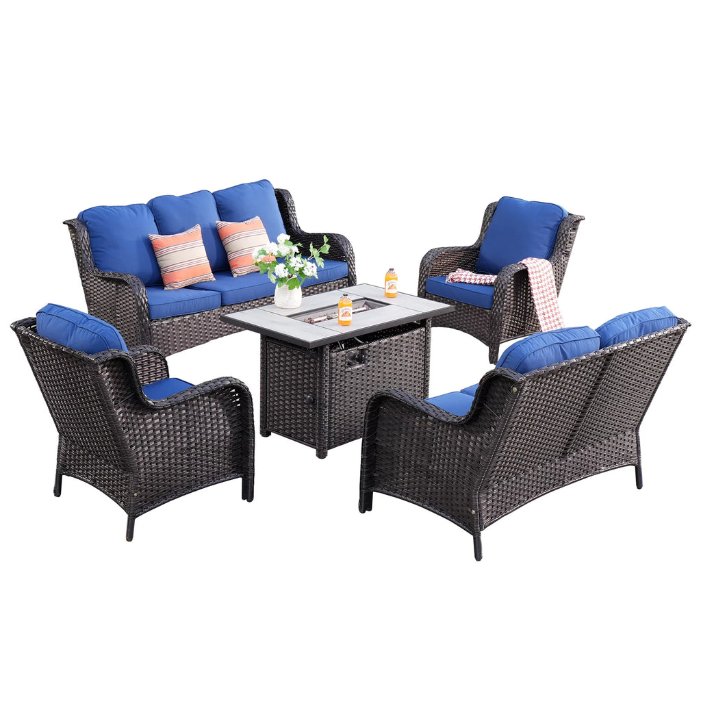 5 Pieces Wicker Patio Sectional Sofa with Fire Pit Table Z75274