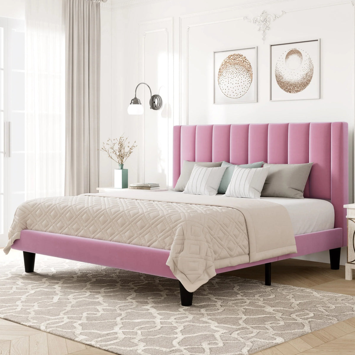 Queen Light Pink Velvet Upholstered Bed Frame P27760