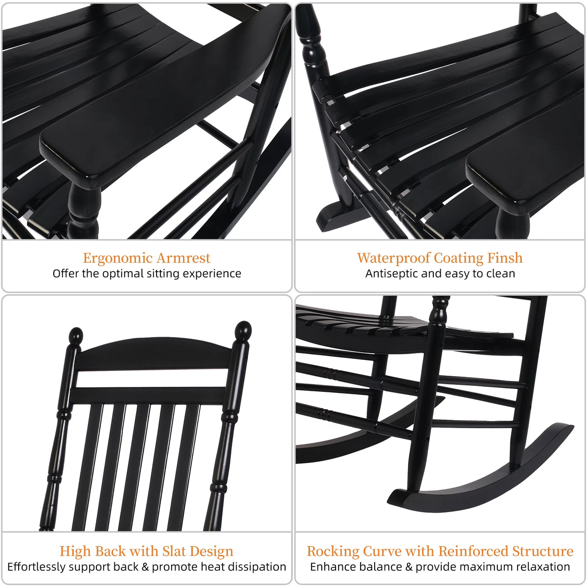 Set of 2 Black Oversized Wood Outdoor Rocking Chairs B222275