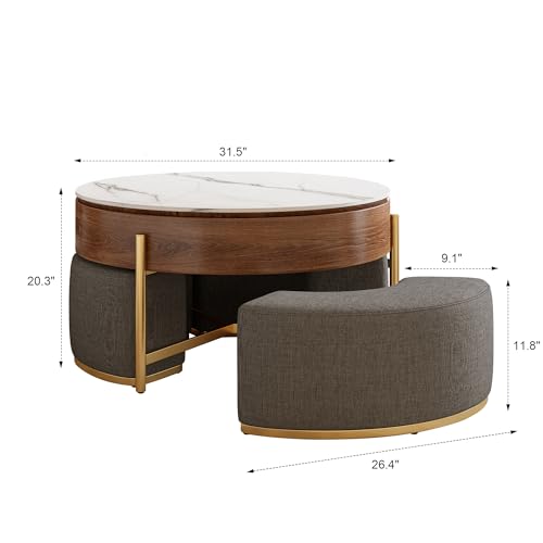 32" Round Lift Top Marble Coffee Table Set with Hidden Storage & Nesting Ottomans H823540