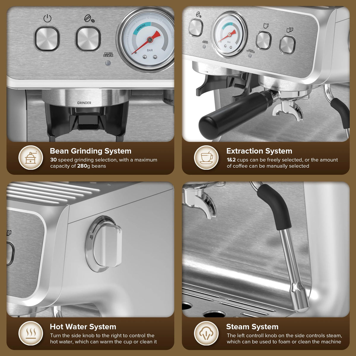 Semi-Automatic Coffee Maker with 2.8L Water Tank D2726