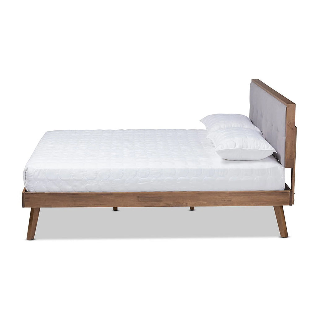 Light Grey Fabric Upholstered Walnut Brown Wood Queen Size Platform Bed A584444