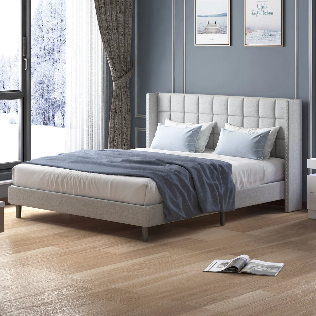 Queen Size Velvet Bed Frame with Wingback Headboard R815