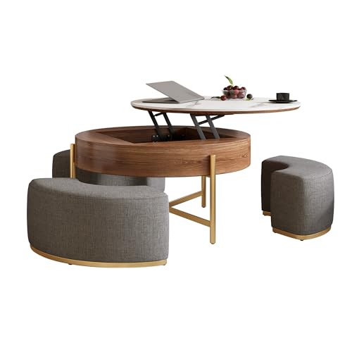 32" Round Lift Top Marble Coffee Table Set with Hidden Storage & Nesting Ottomans H823540