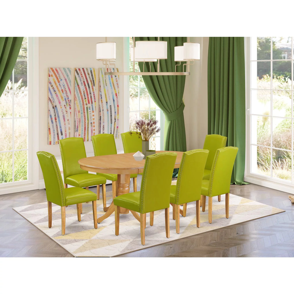9 Pc Kitchen Set For 8 Dining Table With Leaf And Eight Parson Chair With Oak Leg And Pu Leather Color Autumn Green A886