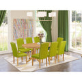 9 Pc Kitchen Set For 8 Dining Table With Leaf And Eight Parson Chair With Oak Leg And Pu Leather Color Autumn Green A886