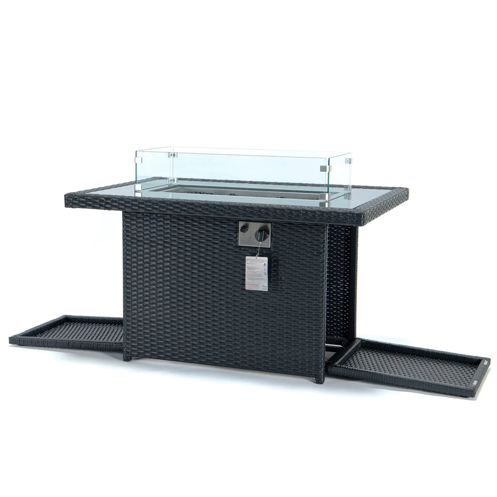 Black Wicker Propane Fire Pit Table with Glass Shield and Lid W4859