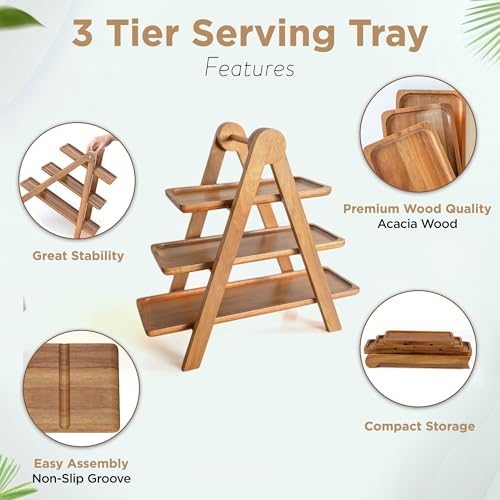 3 Tier Wooden Serving Tray Set of 2 Tongs F7220