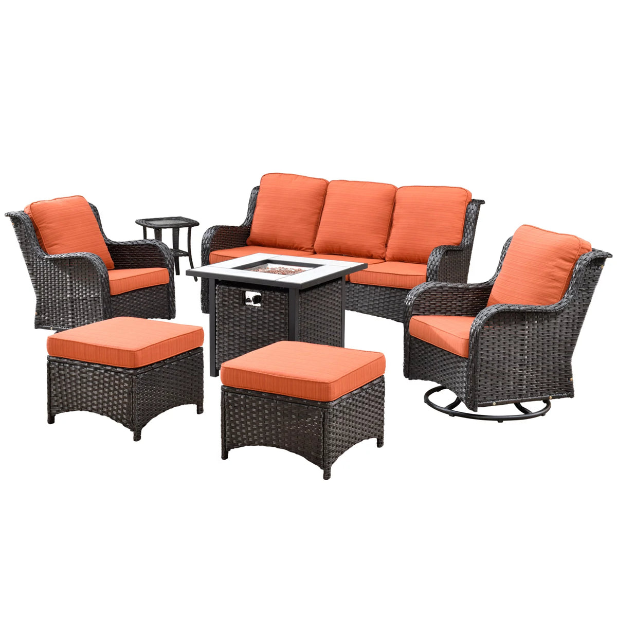 7 Pieces Wicker Metal Frame Patio Furniture Set with Fire Pit Table L6049