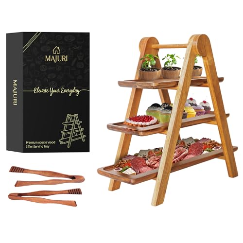 3 Tier Wooden Serving Tray Set of 2 Tongs F7220