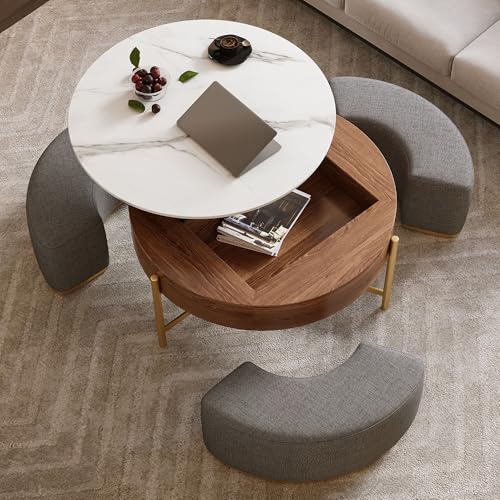 32" Round Lift Top Marble Coffee Table Set with Hidden Storage & Nesting Ottomans H823540