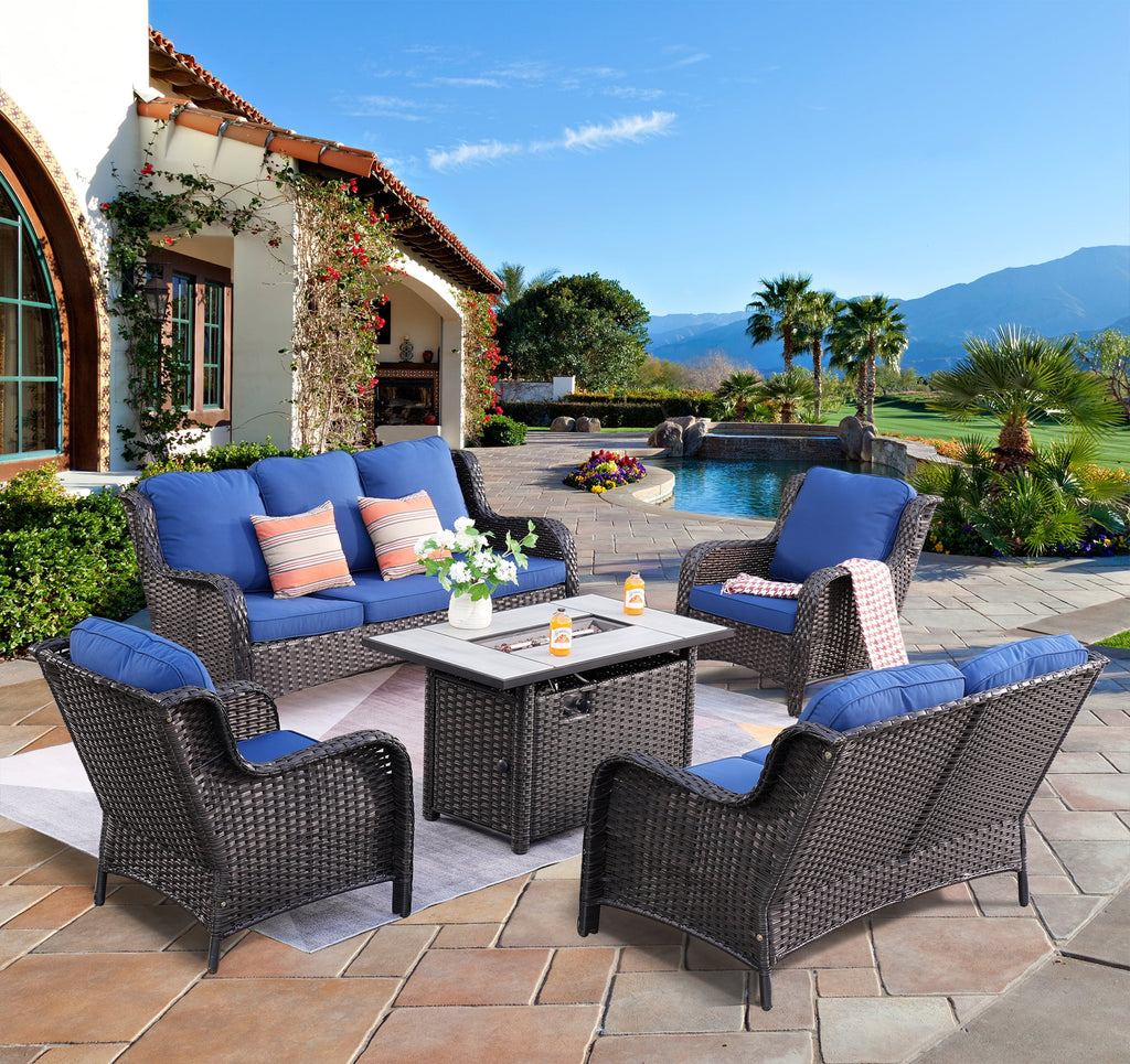 5 Pieces Wicker Patio Sectional Sofa with Fire Pit Table Z75274