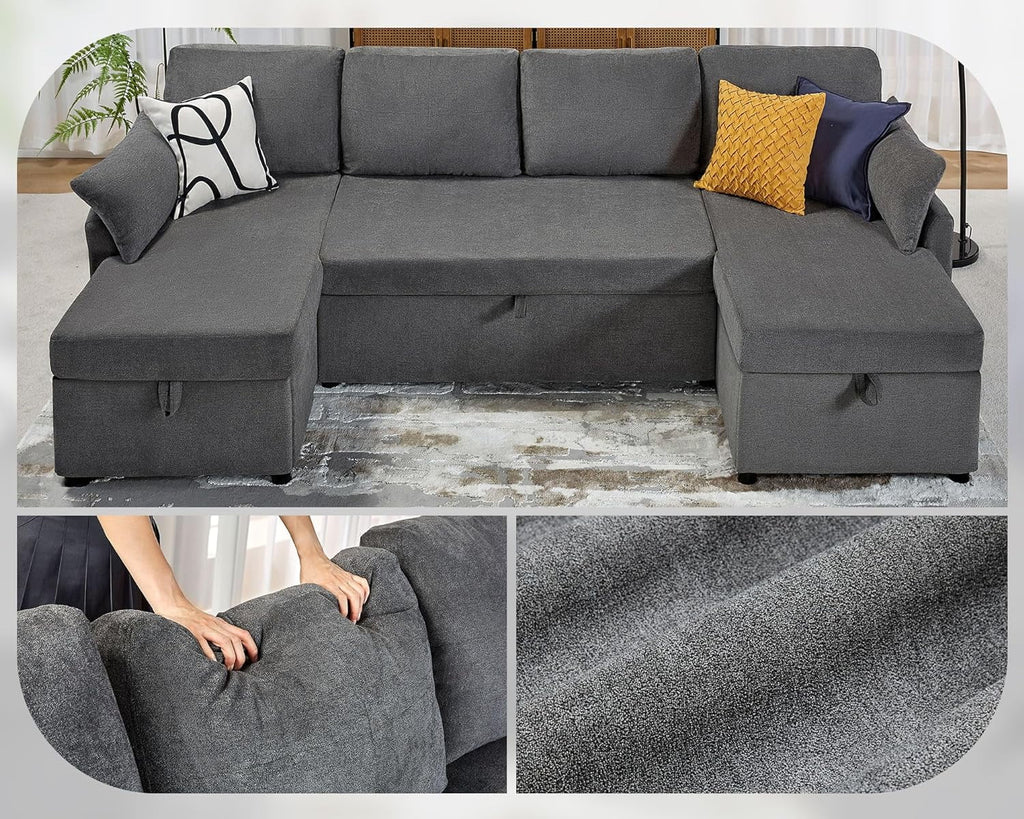 White Sherpa Sleeper Sofa with Storage Chaise D45253