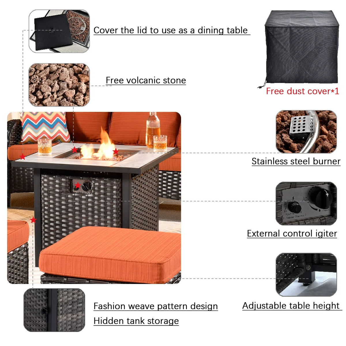 7 Pieces Wicker Metal Frame Patio Furniture Set with Fire Pit Table L6049