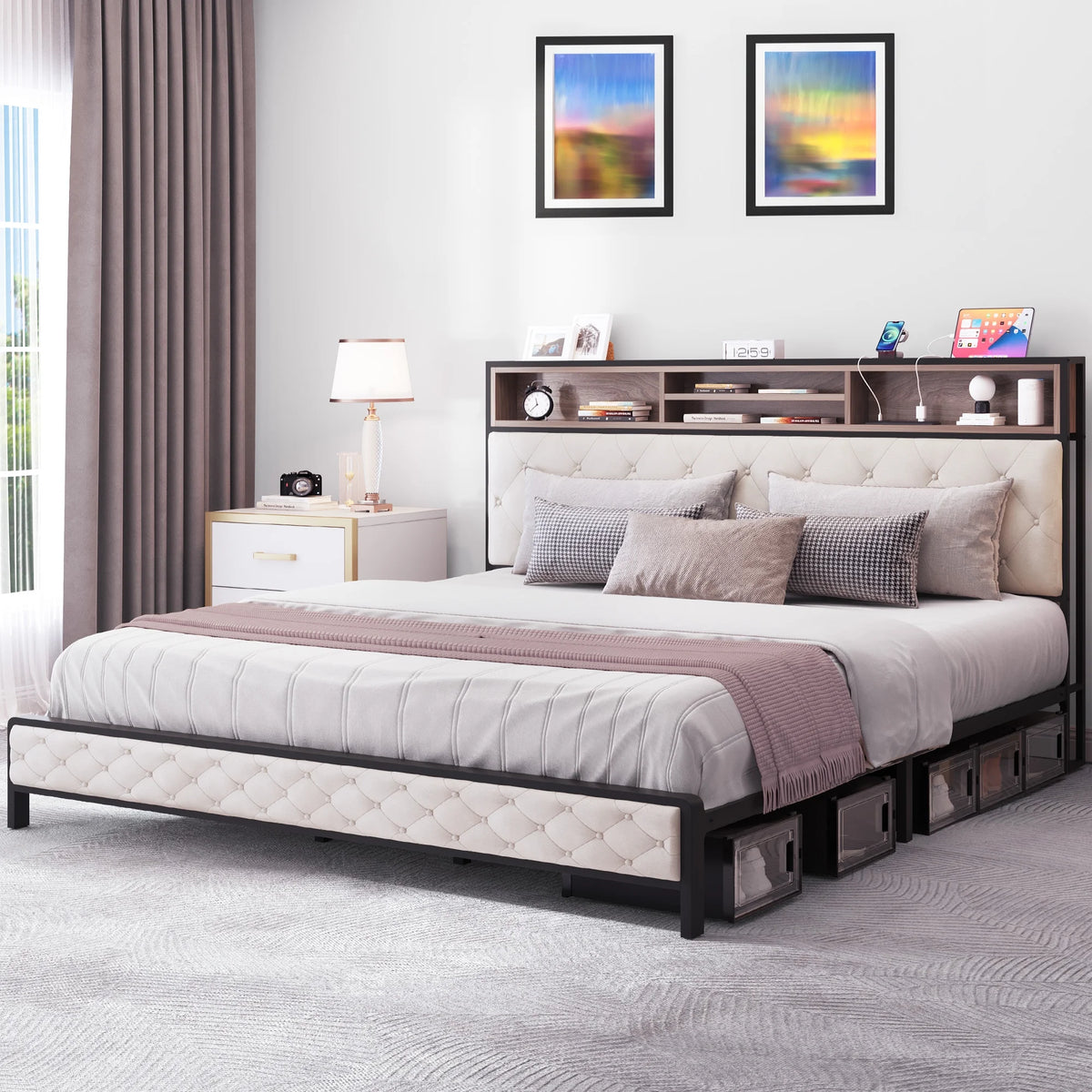 Queen Size Beige Metal Bed Frame with Storage Headboard R817896