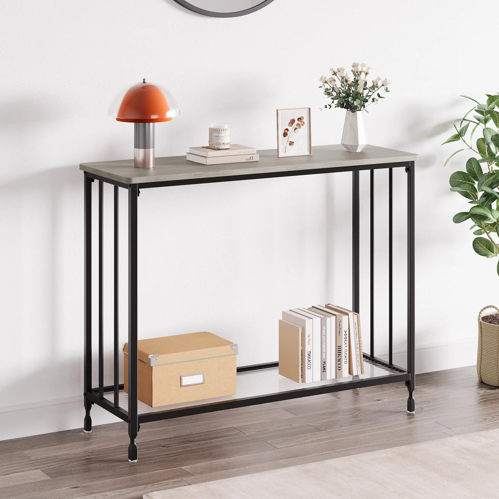 Gray Console Table with Glass Shelf and Metal Frame F373218