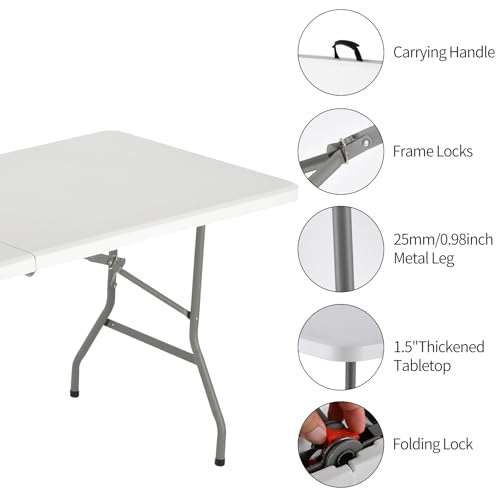 White 6 Feet Plastic Folding Table with Carrying Handle G599868
