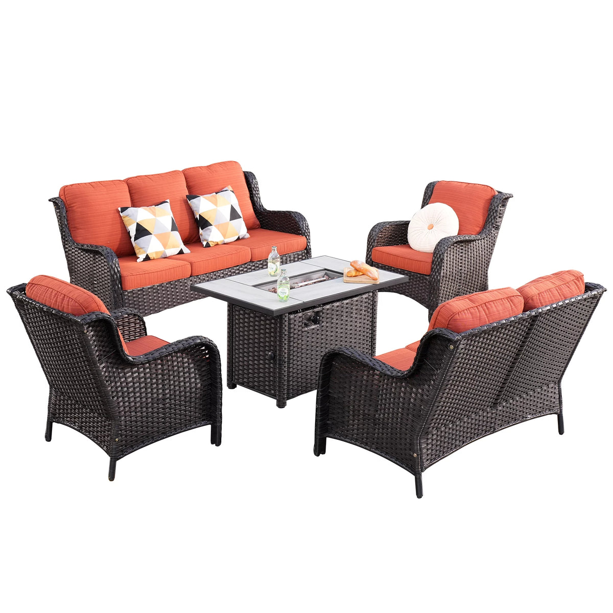 5 Pieces Wicker Patio Sectional Sofa with Fire Pit Table Z75274