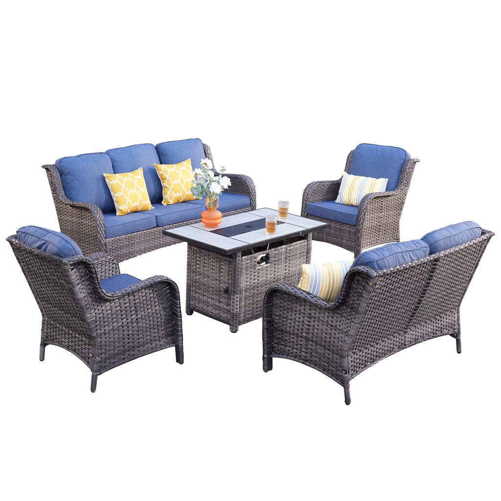 5 Pieces Wicker Patio Sectional Sofa with Fire Pit Table Z75274