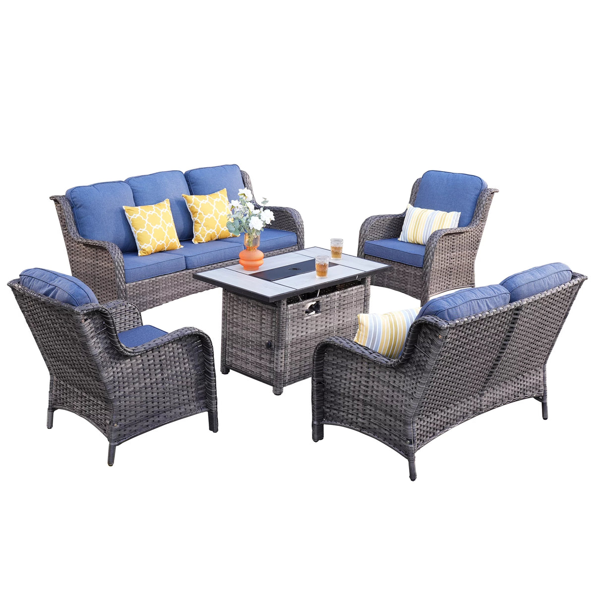 5 Pieces Wicker Patio Sectional Sofa with Fire Pit Table Z75274
