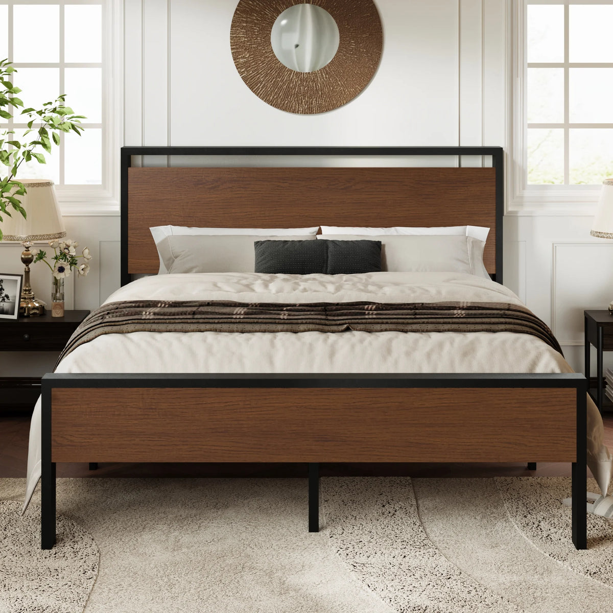 Queen Size Metal Platform Bed Frame with Wood Headboard H33561