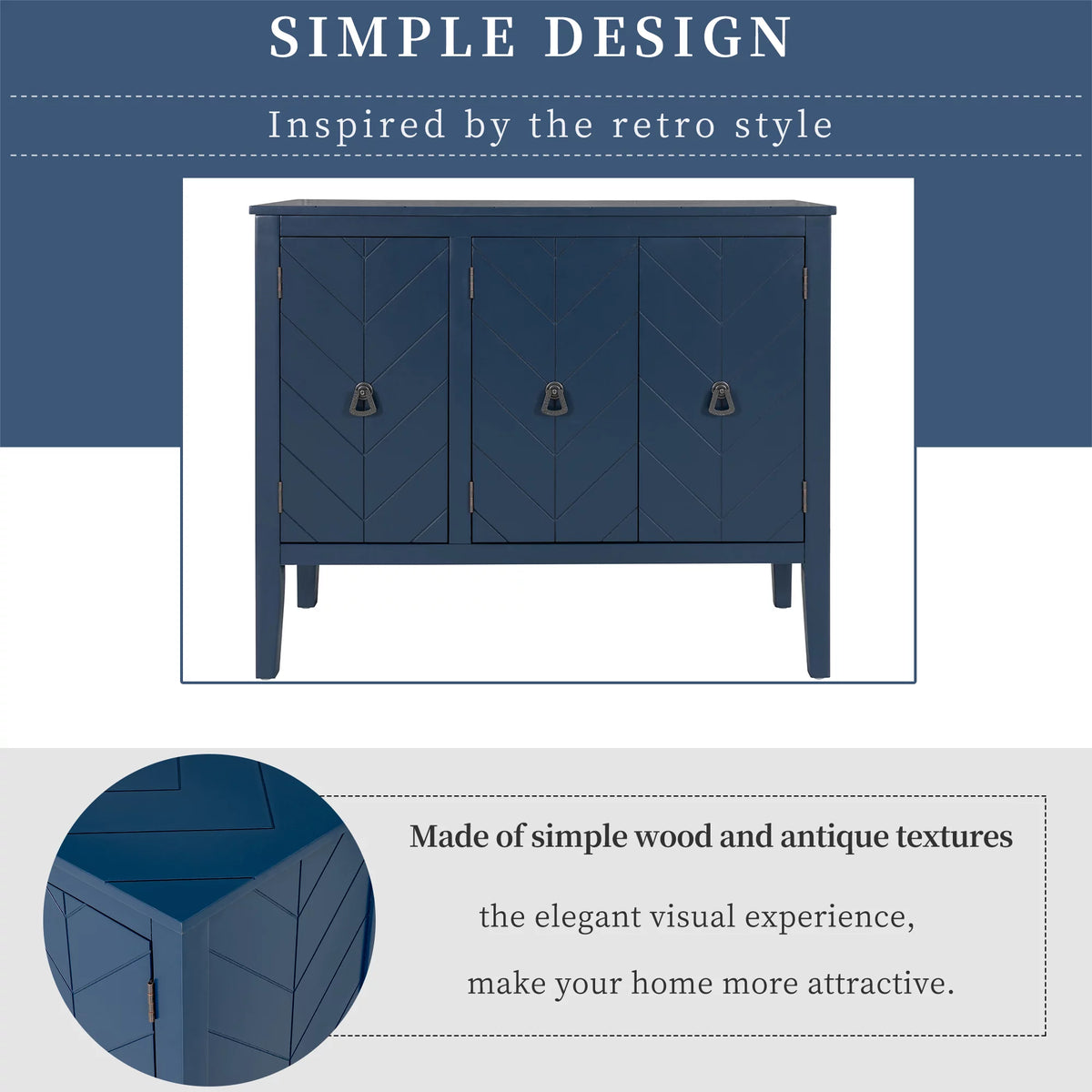 Solid Wood Buffet Sideboard Storage Cabinet with Doors and Adjustable Shelf, Navy Blue O9787