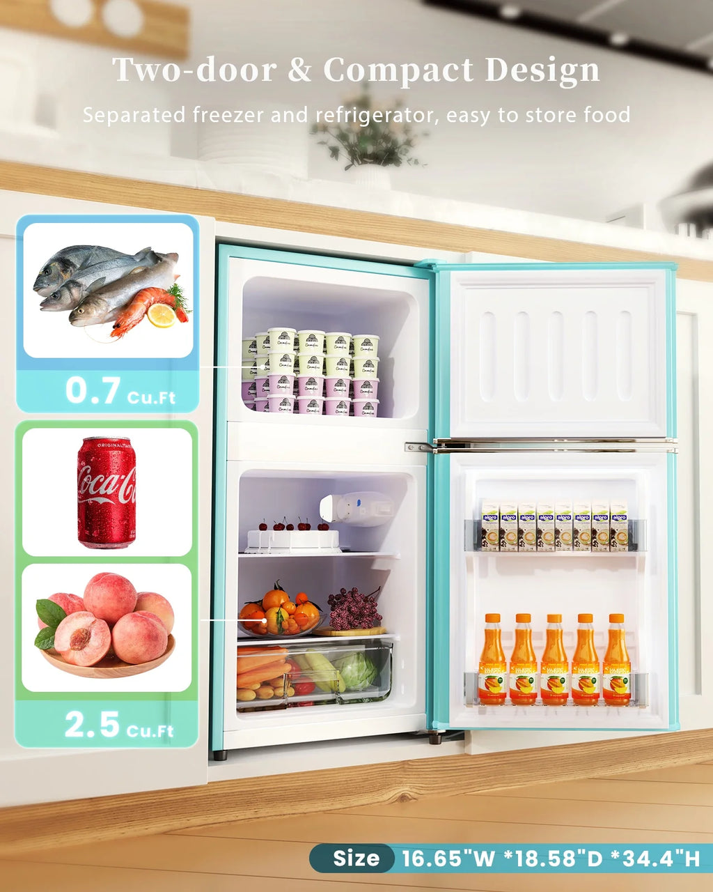 3.2 Cu.Ft 2 Doors Mini Fridge with Freezer, Blue A869