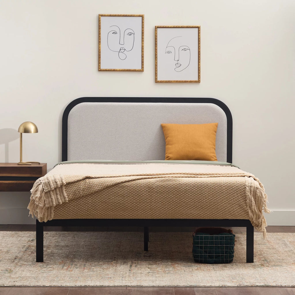 Queen Cream Metal Platform Bed with Upholstered Headboard U19636