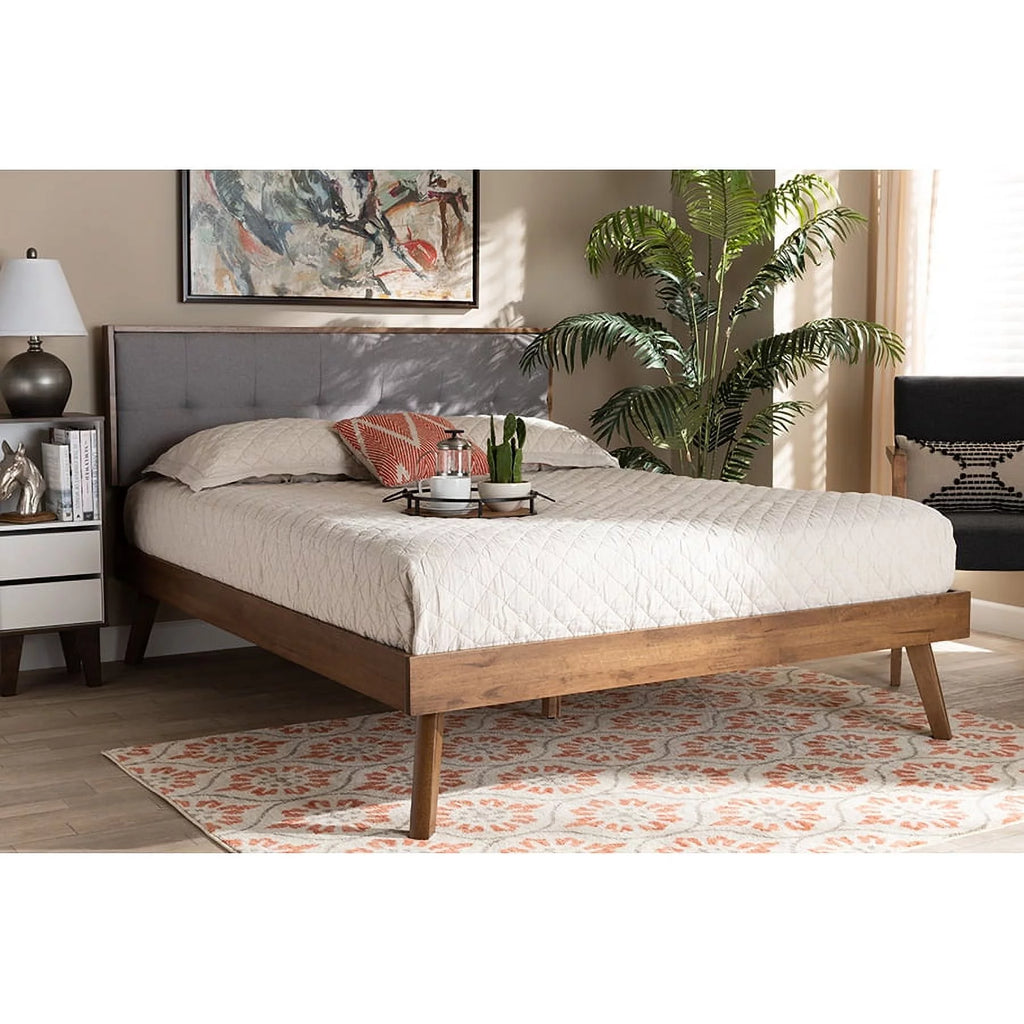 Light Grey Fabric Upholstered Walnut Brown Wood Queen Size Platform Bed A584444