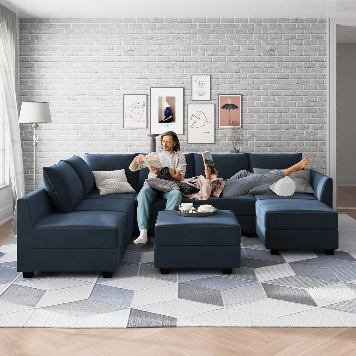 Dark Blue Velvet U Shaped Modular Sectional Sofa with Reversible Chaise P923135