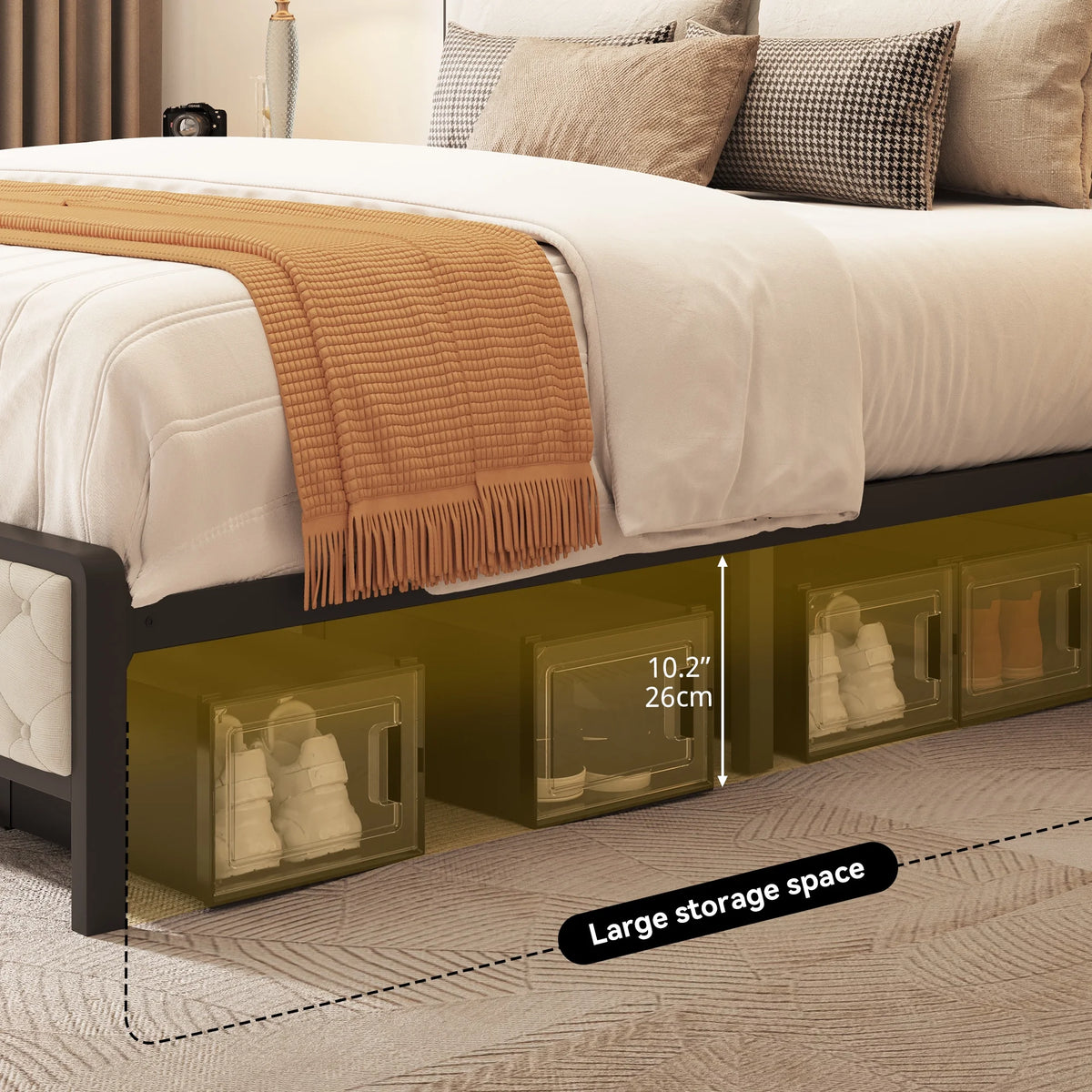 Queen Size Beige Metal Bed Frame with Storage Headboard R817896