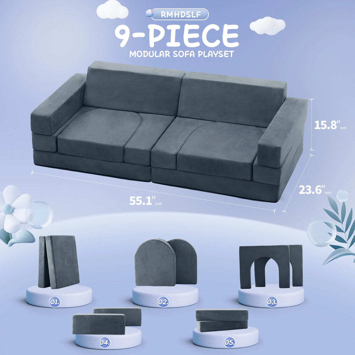 Gray 9-Piece Kids Play Couch D6812