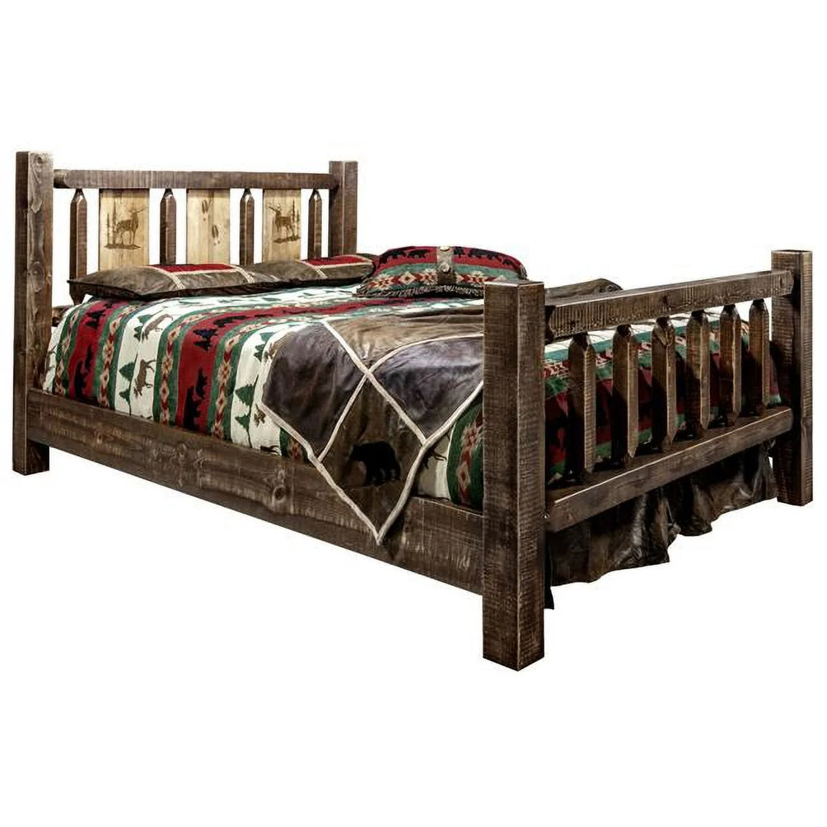 Queen Size Bed with Laser Engraved Elk Design R22994