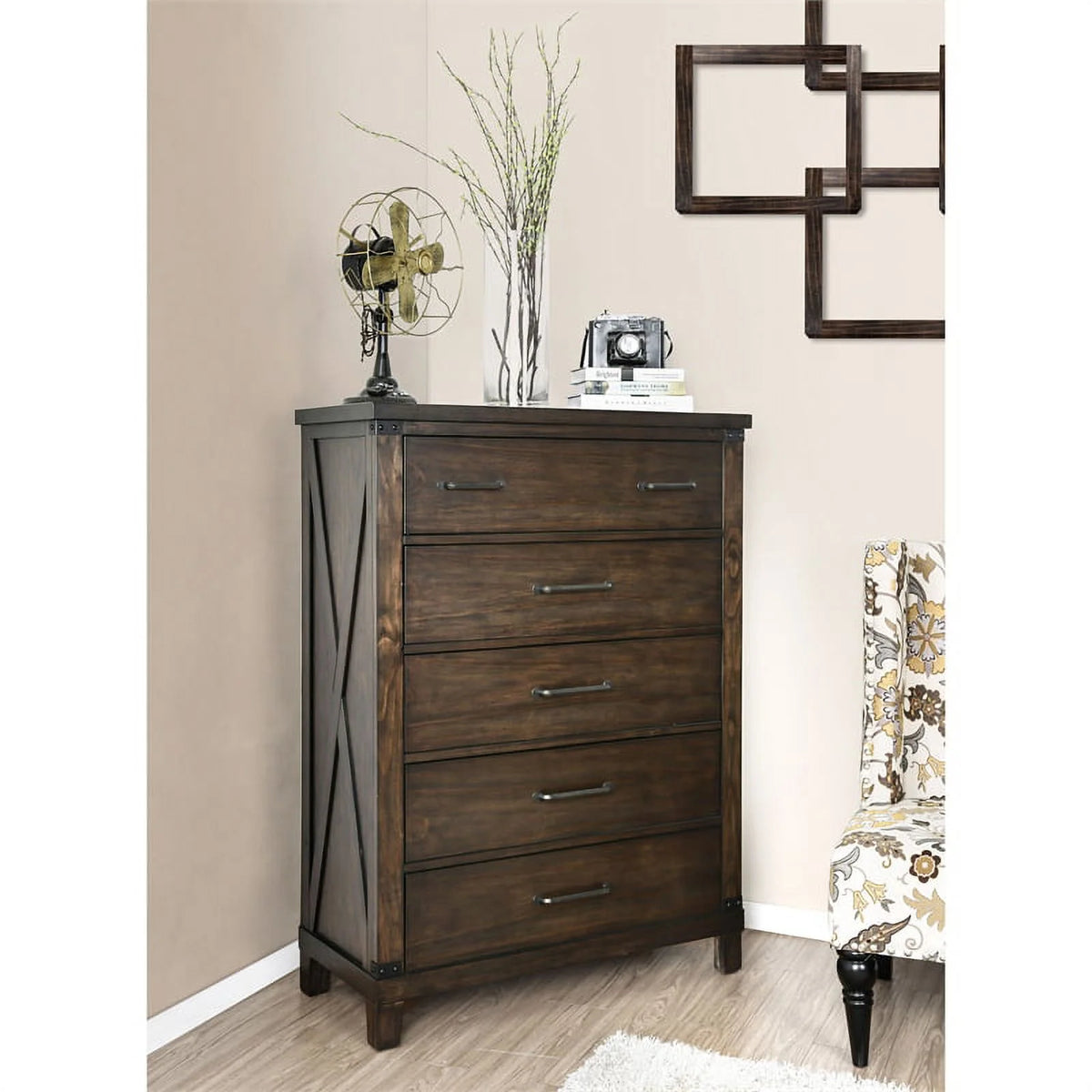 5 Drawer Solid Wood Wood Veneer MDF Chest in Walnut Z680993