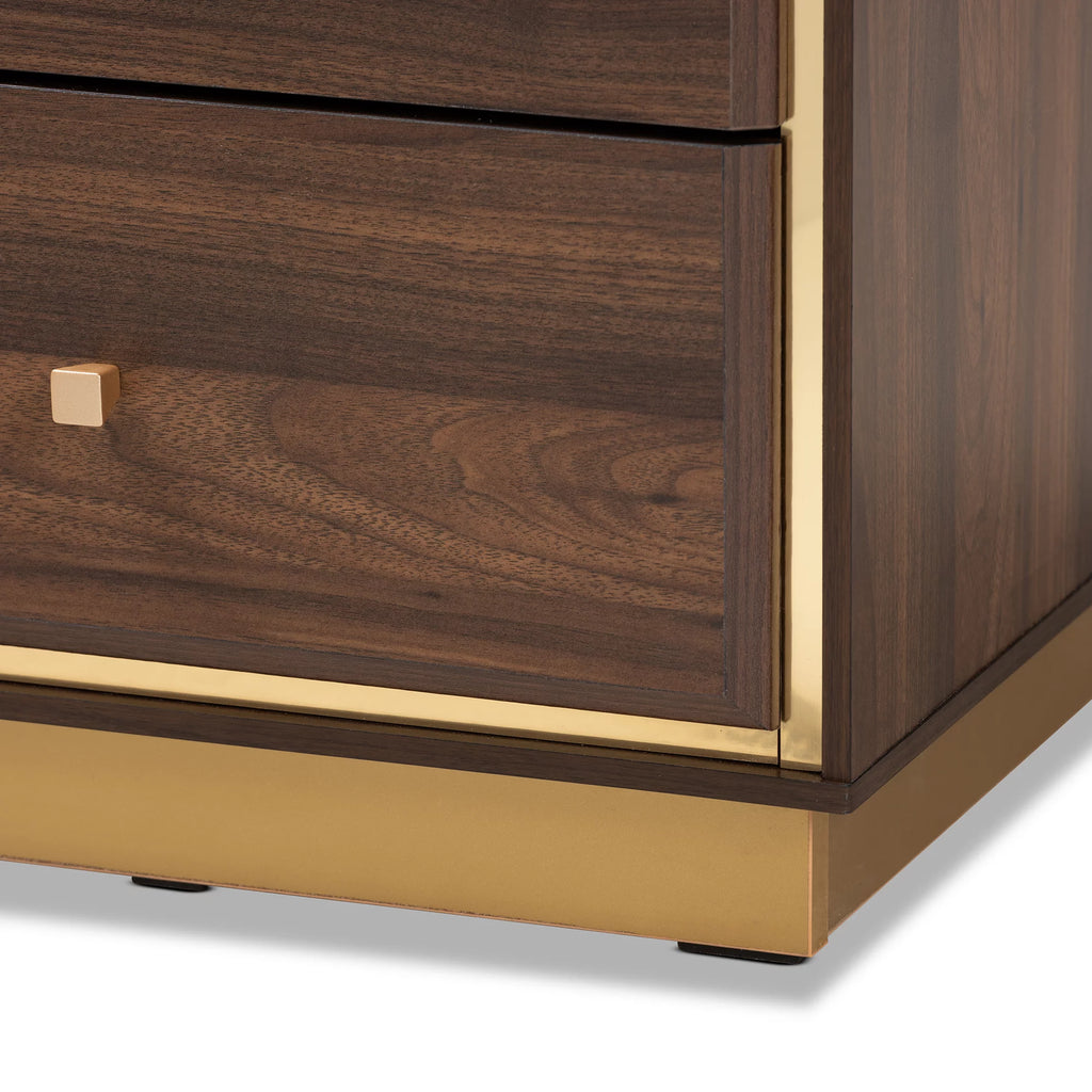 Walnut Brown Wood and Gold Metal 2-Drawer Nightstand F96707