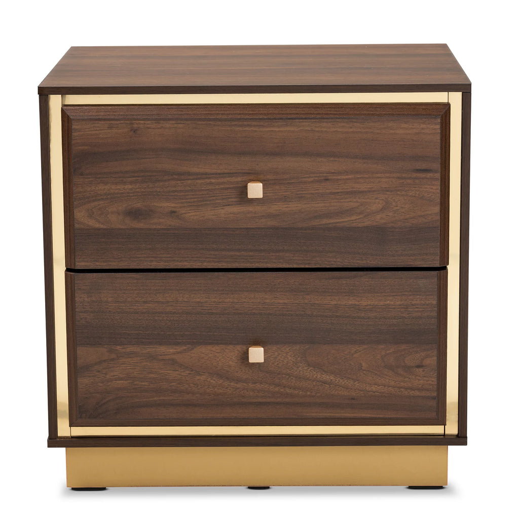 Walnut Brown Wood and Gold Metal 2-Drawer Nightstand F96707