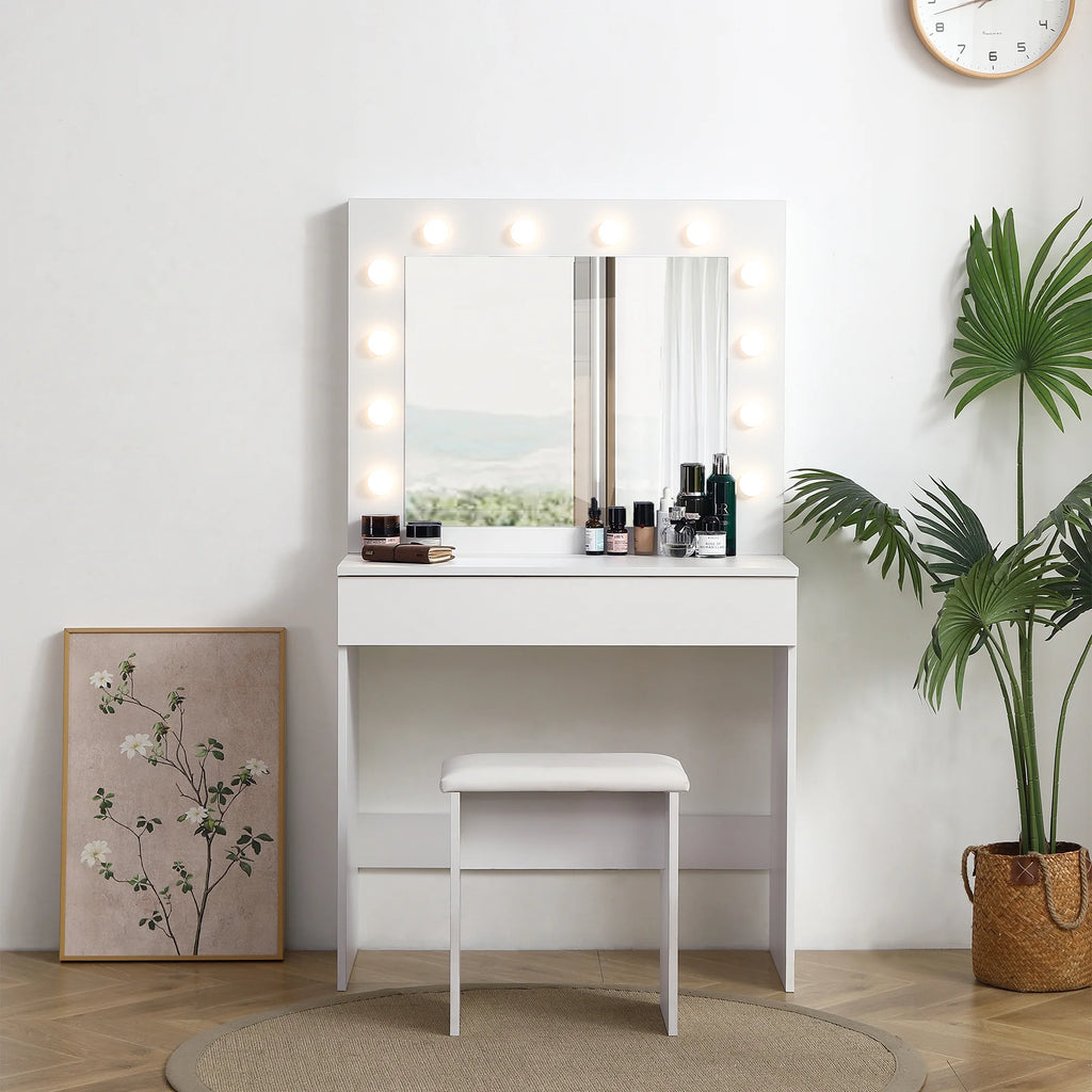 White Vanity Table with Lighted Mirror and Stool L88811
