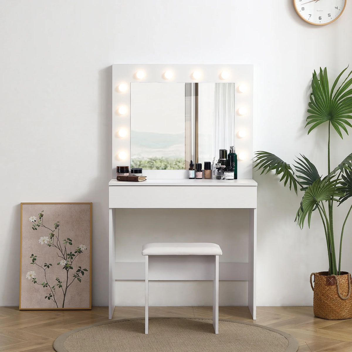 White Vanity Table with Lighted Mirror and Stool L88811