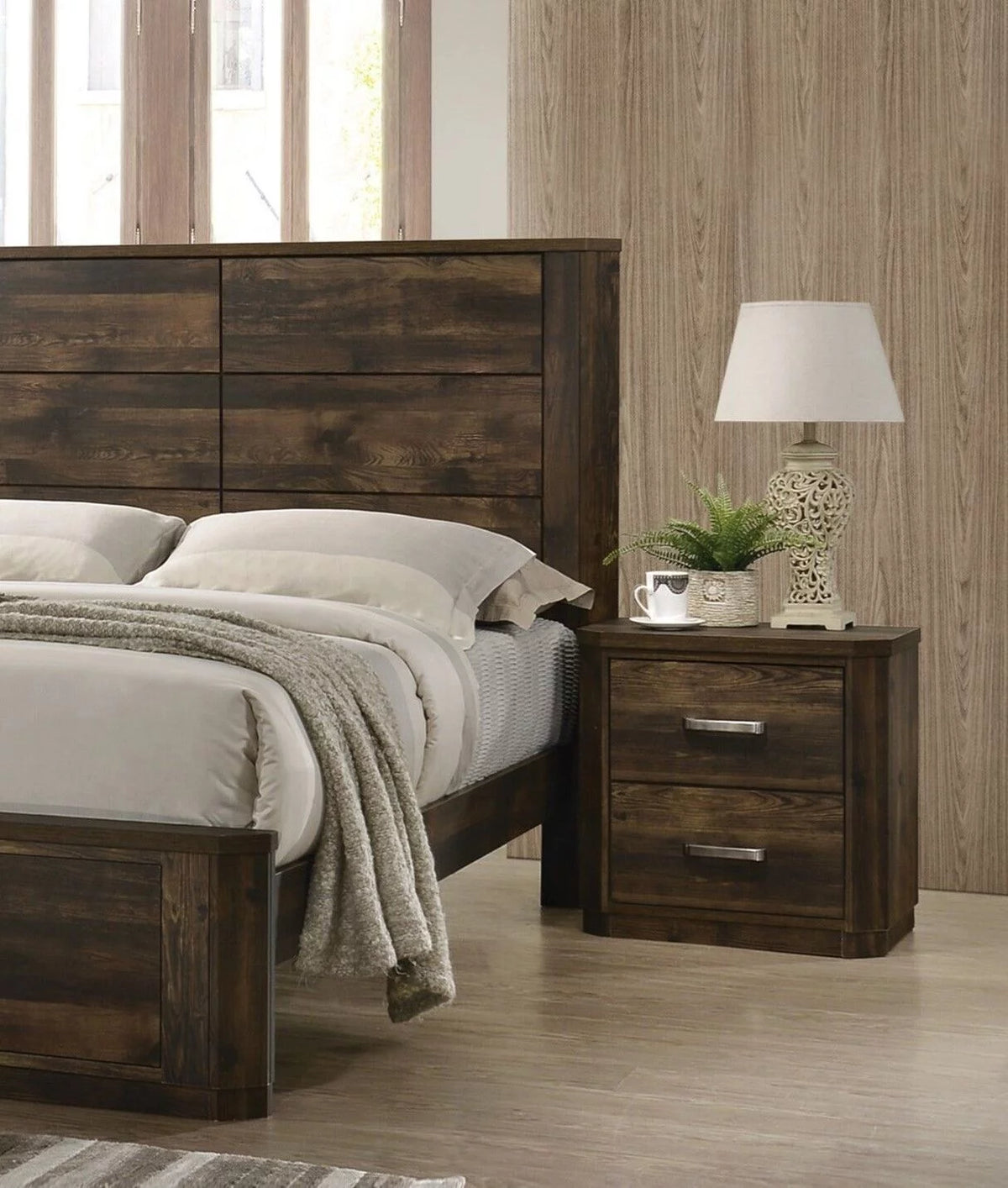 3pc Bedroom Set Eastern King Bed 2x Nightstands Rustic Walnut Finish H4247