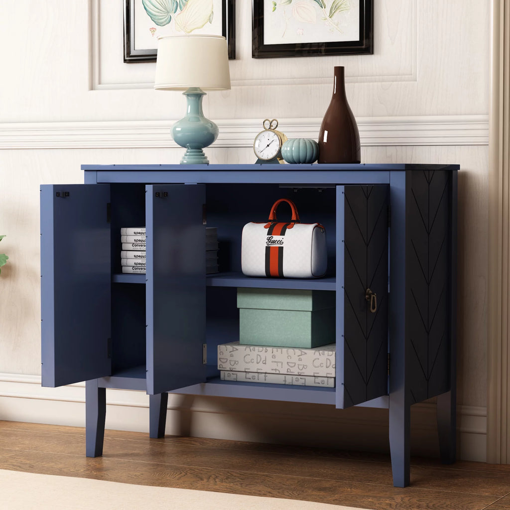 Solid Wood Buffet Sideboard Storage Cabinet with Doors and Adjustable Shelf, Navy Blue O9787